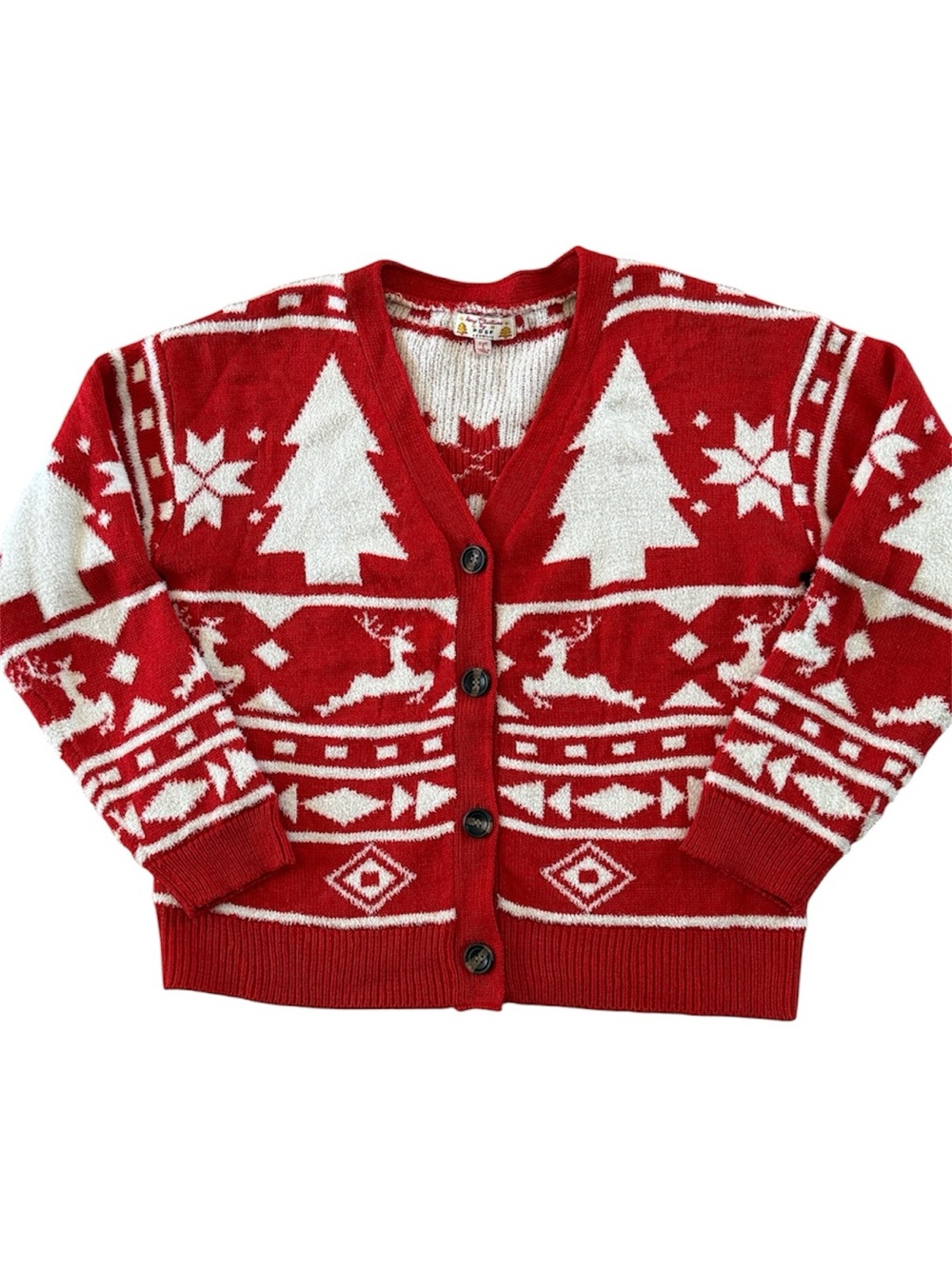 POOF NY RED & WHITE LADIES SMALL CHRISTMAS CROP CARDIGAN SWEATER HOLIDAY DESIGN